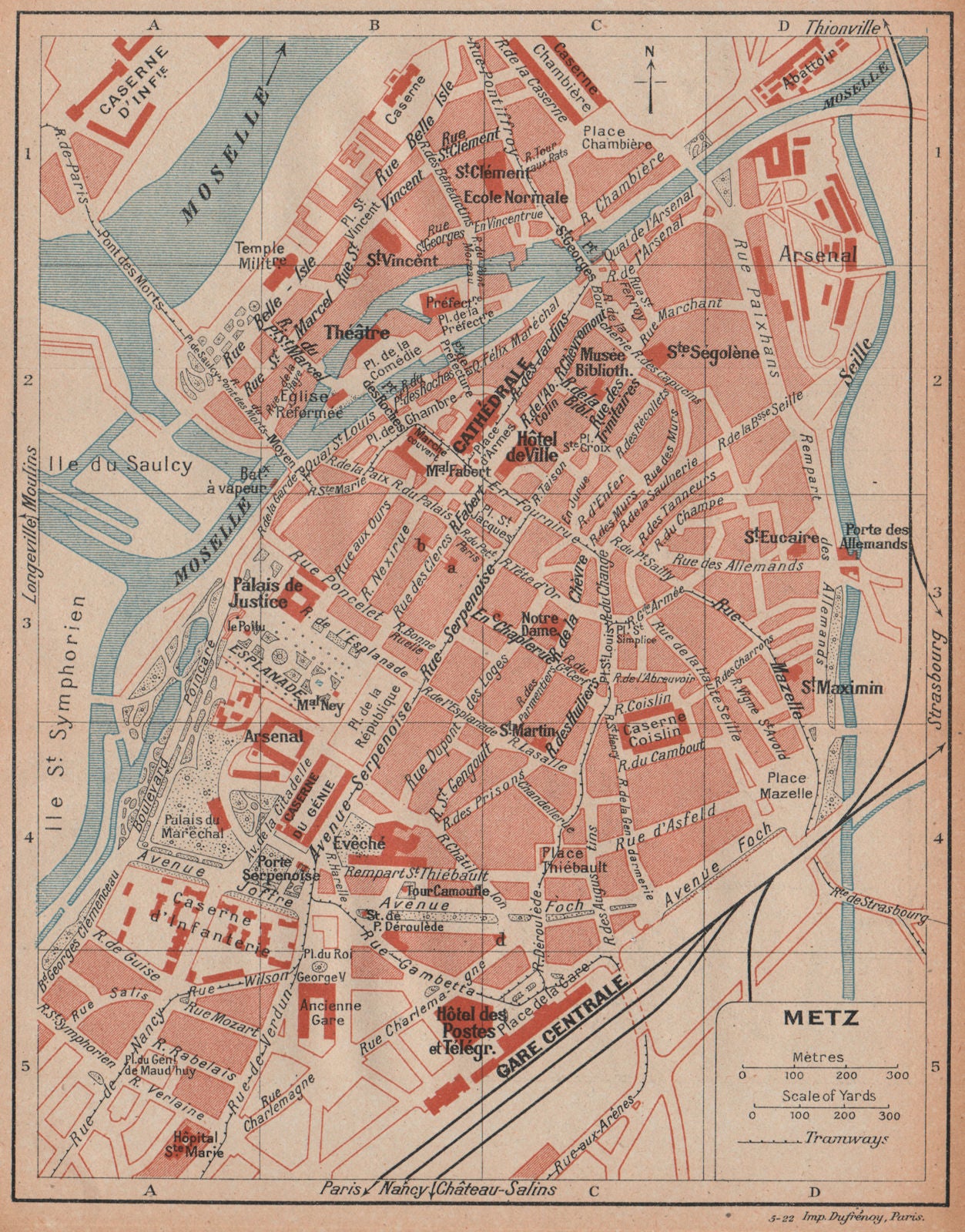 METZ. Vintage town city ville map plan carte. Moselle 1922 old antique
